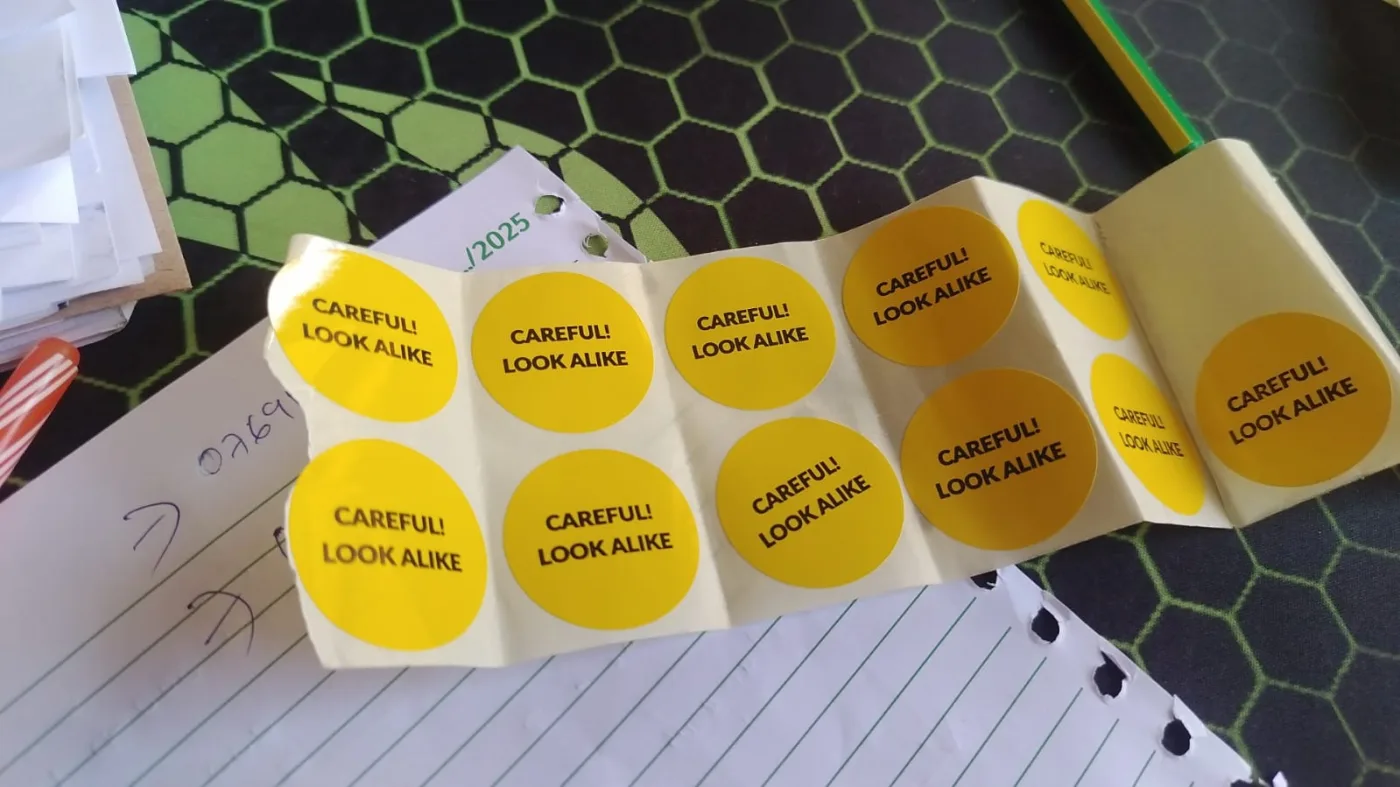 Die-cut round warning labels supplied on a peel-off roll