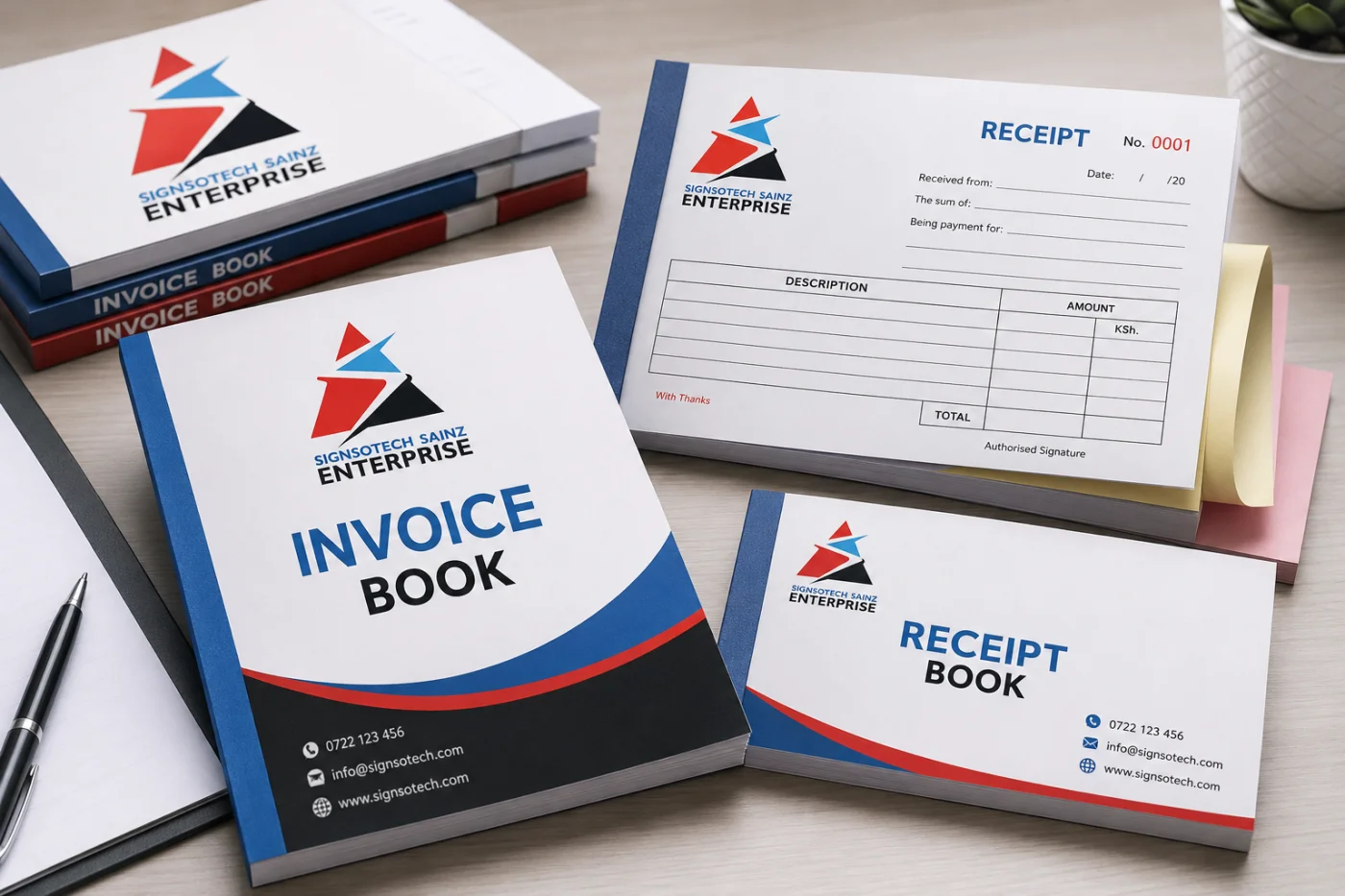 Custom-branded, sequentially numbered NCR receipt and invoice books produced for Nairobi SMEs